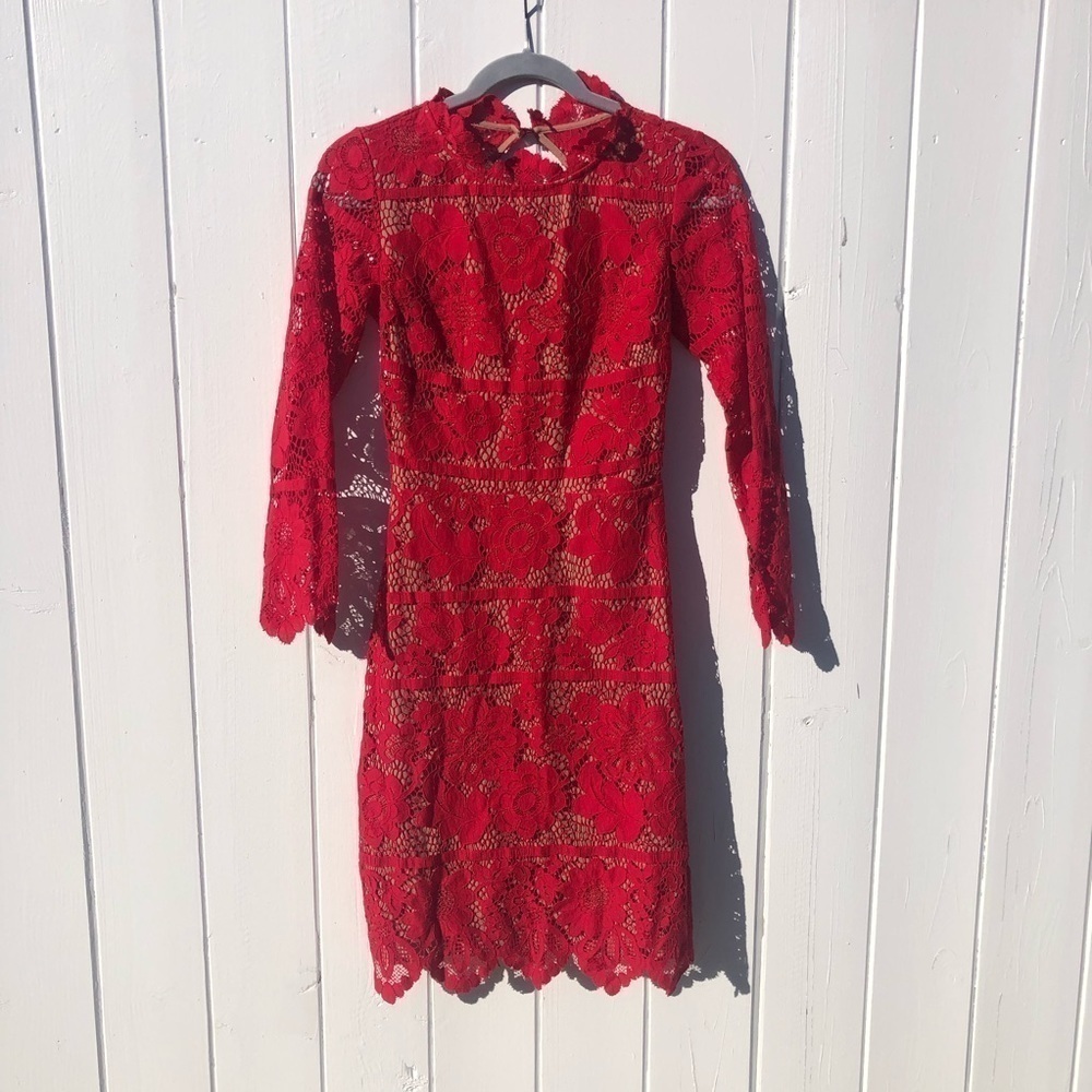 For Love & Lemons Rosetta Open Back Long Sleeve Red Lace High Neck - Picture 2 of 11